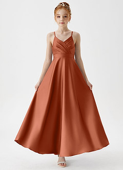 Azazie Avelina Junior Cedar Rose A-Line Pleated Stretch Satin Dress image5