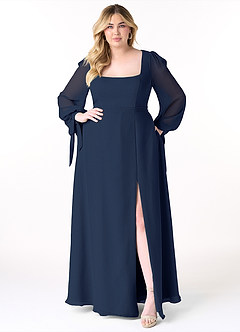 Azazie Leonia Bridesmaid Dresses Dark Navy A-Line Long Sleeve Chiffon Dress image11