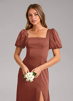 Azazie Fyona Bridesmaid Dresses Auburn A-Line Pleated Stretch Satin Dress image6
