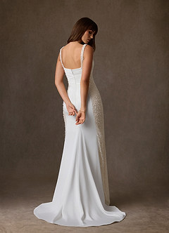 Azazie Shauna Wedding Dresses Diamond White Champagne Sheath Square Neckline Crepe Back Satin Dress image2