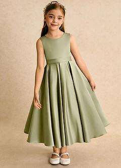 Azazie Junebuj Flower Girl Dresses Moss Green Ball-Gown Pleated Matte Satin Dress image6