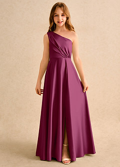 Azazie Puddles Girls Formal Jurken voor bloemenmeisjes A-Lijn Jurk van Mat Satijn One-Shoulder Moerbei image4