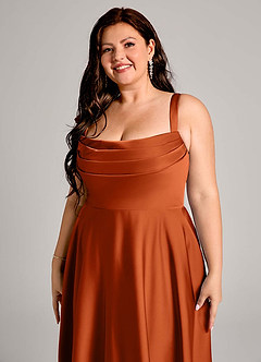 Azazie Shaude Bridesmaid Dresses Burnt Orange A-Line Pleated Stretch Satin Dress image9