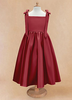 Azazie Chelsie Flower Girl Dresses Pomegranate A-Line Bow Matte Satin Dress image5