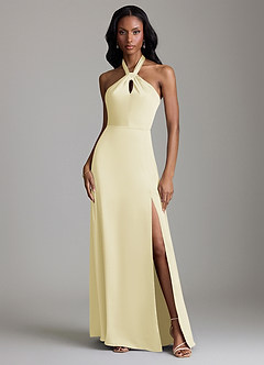Azazie Tracie Bridesmaid Dresses Lemon Sorbet A-Line Side Slit Stretch Satin Dress image1