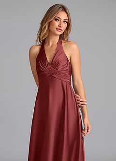 Azazie Tessie At-home Try On Dresses Terracotta A-Line Pleated Stretch Satin Dress image6