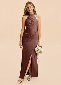 Azazie Jemma Junior Espresso Sheath Ruched Stretch Satin Dress image4