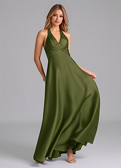 Azazie Tessie Bridesmaid Dresses Bright Olive A-Line Pleated Stretch Satin Dress image3