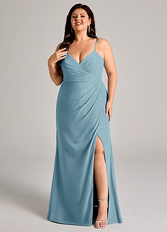 Azazie Maci Bridesmaid Dresses Moody Blue Sheath Pleated Chiffon Dress image8