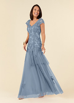Azazie Romy vestidos de madre de la novia Vestido de Azul Polvoriento de Tul de Sirena con Cuello en V Lentejuelas image2
