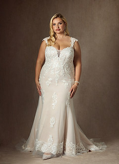 Azazie Roux Vestidos de novia Vestido de Blanco Diamante Champán de Satén de Corte Sirena con Lentejuela image10
