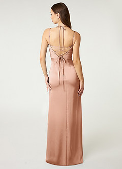 Azazie Desi Bridesmaid Dresses Rose Gold Sheath Halter Corset Stretch Satin Dress image2
