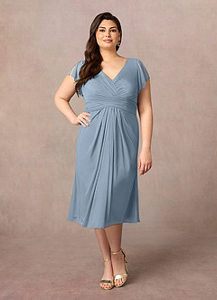 Azazie Vera Mother of the Bride Dresses Dusty Blue A-Line V-Neck Pleated Mesh Dress image6