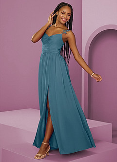 Barbie ♥ Azazie Brautjungfernkleider A-Linie Plissee Chiffon Kleid Bermudablau image5