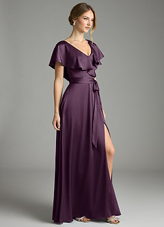 Azazie Lainey Bridesmaid Dresses Plum A-Line with Pockets Stretch Satin Dress image5