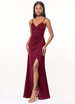Azazie Maci Robes de demoiselle d'honneur Robe Trapèze en Satin extensible Col V plissé Bourgogne image3