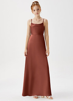 Azazie Shale Junior Robe Trapèze en Satin extensible Auburn image6