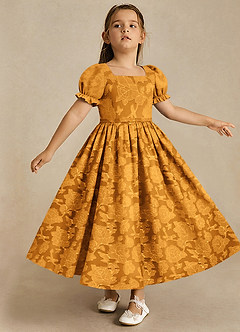 Azazie Joss Flower Girl Dresses Butterscotch A-Line with Sleeves Floral Burnout Dress image3