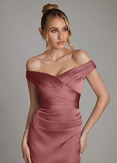 Azazie Teyana Bridesmaid Dresses Amethyst Sheath Off the Shoulder Stretch Satin Dress image2