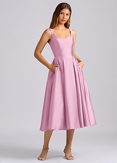 Azazie Amalie Vestidos de damas de honor Vestido de Rosa Caramelo de Satén Elástico de Línea A con Plisado image6