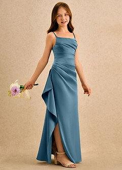 Azazie Cannoli Girls Formal Sukienki dla dziewczynek sypiących kwiaty Linia A Pofałdowany Satyna elastyczna Długość podłogi Sukienka image1