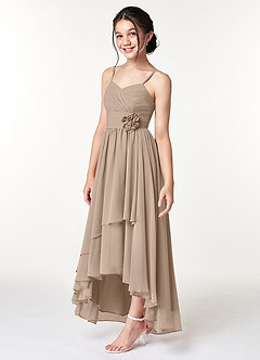 Azazie Catalina Junior Taupe A-Line Ruched Chiffon Dress image3