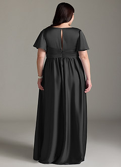 Azazie Verna At-home Try On Dresses A-Line Ruched Stretch Satin Floor-Length Dress image11