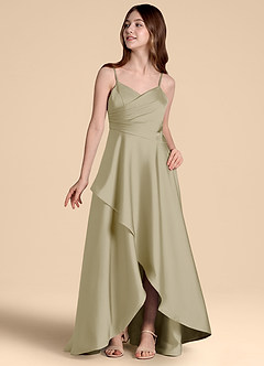 Azazie Prisha Junior Abito A-Line in Raso Elasticizzato Plissettato Verde Muschio image4