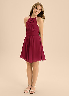 Azazie Bonnie Junior Burgundy A-Line Pleated Chiffon Dress image4