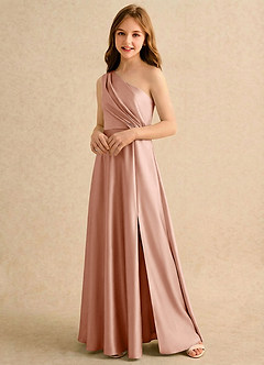 Azazie Puddles Girls Formal Abiti da Ragazza di Fiori Abito A-Line in Raso Elasticizzato Monospalla Oro Rosa image4