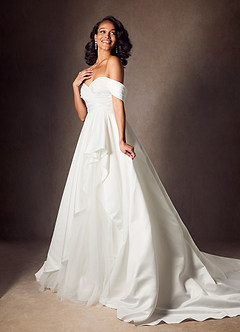 Azazie Alexandria Wedding Dresses Diamond White A-Line Off the Shoulder Matte Satin Dress image7