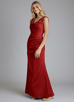 Azazie Tallie Bridesmaid Dresses Pomegranate Mermaid Pleated Stretch Satin Dress image2