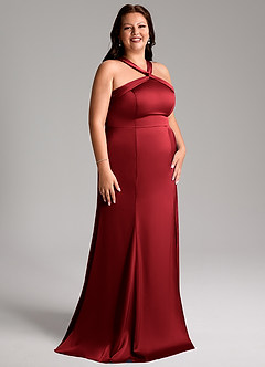 Azazie Rue Vestidos de damas de honor Vestido Escarlata de Satén Elástico de Corte Sirena con Plisado image12