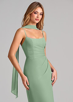 Azazie Calandra At-home Try On Dresses Dusty Sage Sheath Pleated Chiffon Dress image6