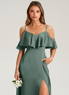 Azazie Jean Bridesmaid Dresses Sea Moss A-Line Off the Shoulder Stretch Satin Dress image6