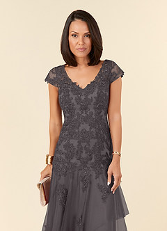 Azazie Romy Mother of the Bride Dresses Steel Grey Mermaid V-Neck Sequins Tulle Dress image5