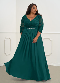 Azazie Hayek Mother of the Bride Dresses Peacock A-Line V-Neck Lace Chiffon Dress image4