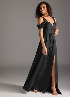 Azazie Lianne Jurken voor bruidsmeisjes Jurk van Stretch Satijn met A-Lijn Off the Shoulder Zwart image6