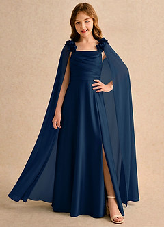 Azazie Rosita Girls Formal Flower Girl Dresses Dark Navy A-Line Pleated Stretch Satin Dress image1