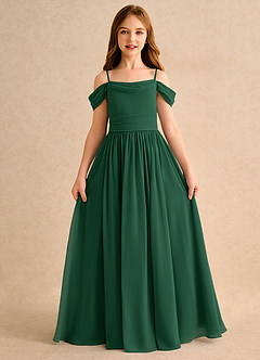 Azazie Shia Girls Formal Abiti da Ragazza di Fiori Abito A-Line in Chiffon a Spalla Scoperta Verde Scuro image5