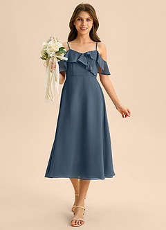 Azazie Kamilla Junior A-Linie Schulterfrei Chiffon Kleid Neptunblau image4