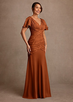 Azazie Jolene Mother of the Bride Dresses Burnt Orange Mermaid Pleated Floral Burnout Dress image3