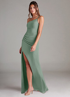 Azazie Eren Vestidos de damas de honor Vestido de Salvia Plateada de Gasa de Corte Recto con Hombro unilateral image5