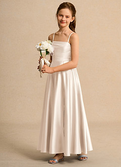 Azazie Pebbles Girls Formal Flower Girl Dresses White Alabaster A-Line Pleated Matte Satin Dress image5