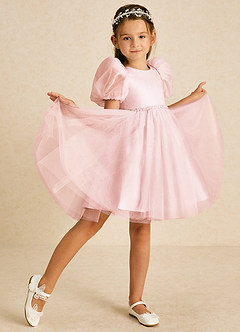 Azazie Blondie Robe Demoiselle D'honneur Fillette Robe Trapèze en Tulle avec manches Rose Pâle image3