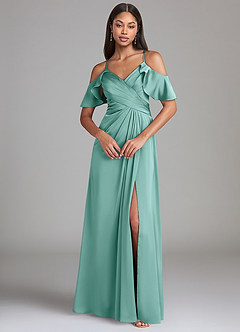 Azazie Dakota Jurken voor bruidsmeisjes Jurk van Stretch Satijn met A-Lijn Off the Shoulder Aqua image3