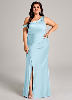 Azazie Madelyn Vestidos de damas de honor Vestido de Azul Cielo de Satén Elástico de Corte Sirena Convertible con Hombro unilateral image9