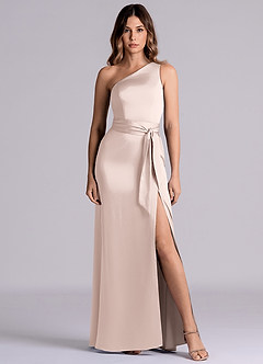 Azazie Phaedra 신부 들러리 드레스 A라인 한쪽 어깨 스트레치 새틴 바닥 길이 드레스 image2