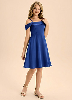 Azazie Anselie Junior Vestido de Azul Real de Satén Elástico de Corte en A con Plisado image6