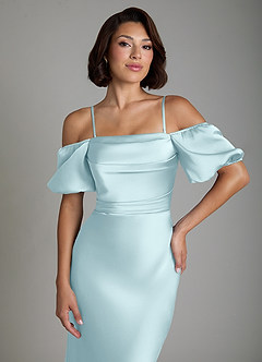 Azazie Lea Robes de demoiselle d'honneur Robe Sirène Convertible en Satin extensible Épaules dénudées Bleu Nuage image3